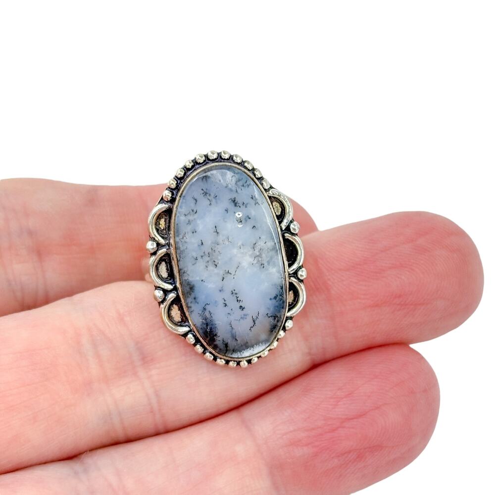 Dendritic Agate Ring | Vintage Sterling Silver 925 | Ornate Boho Size 8